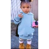 Kids Face Özel Tasarım Kapüşonlu Düz Renk Şardonlu Kışlık Kız Çocuk Spor Hoodie Elbise - 4 Yaş - Mavi