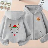 Kids Face Özel Tasarım Kapüşonlu Fermuarlı Mutlu Yılbaşı Geyiği Baskılı Kız Çocuk Sweatshırt - Gri - 1 Yaş