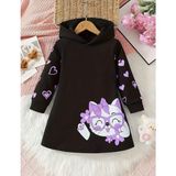 Kids Face Özel Tasarım Kapüşonlu Kediciğin Kalpleri Baskılı Şardonlu Kışlık Modern Kız Çocuk Hoodie Elbise - 6 Yaş - Siyah-Lila