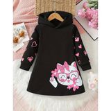 Kids Face Özel Tasarım Kapüşonlu Kediciğin Kalpleri Baskılı Şardonlu Kışlık Modern Kız Çocuk Hoodie Elbise - 8 Yaş - Siyah-Pembe