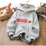 Kids Face Özel Tasarım Kapüşonlu Kırmızı Şerit Baskılı Şardonlu Kışlık Oversize Erkek Çocuk Sweatshırt - Gri - 6 Yaş