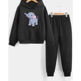 Kids Face Özel Tasarım Kapüşonlu Minik Fil Baskılı Şardonlu Kışlık Erkek Çocuk Eşofman Takımı - 1 Yaş - Siyah