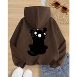 Kids Face Özel Tasarım Kapüşonlu Siyah Yaramaz Kedicik Sırt Baskılı %100 Pamuk Kız Çocuk Sweatshırt - Kahverengi - 12 Yaş