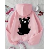 Kids Face Özel Tasarım Kapüşonlu Siyah Yaramaz Kedicik Sırt Baskılı %100 Pamuk Kız Çocuk Sweatshırt - Pembe - 3 Yaş