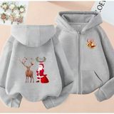 Kids Face Özel Tasarım Kapüşonlu Tam Fermuarlı Noel Baba Geyik Yılbaşı Baskılı Kız Çocuk Sweatshırt - Gri - 4 Yaş