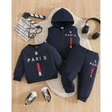 Kids Face Özel Tasarım Paris Dikey Şerit Baskılı %100 Pamuk Kışlık Erkek Çocuk 3 Lü Eşofman Takımı - 5 Yaş - Lacivert
