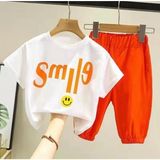 Kids Face Özel Tasarım Smile Baskılı %100 Pamuk Kısa Kollu Yazlık Kız Çocuk Şık Eşofman Takımı - 1 Yaş - Beyaz - Turuncu