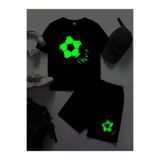 Kids Futbol Topu Yeşil Baskılı Erkek Çocuk Siyah Alt-Üst Şort T-Shirt Takım