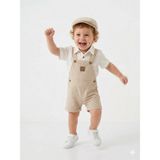 Kids Kingdom Pamuklu Şeritli Gömlekli Şapkalı Salopet Şortlu Tulum Erkek Bebek 3lü Takım - 1 - 1,5 Yaş - Bej