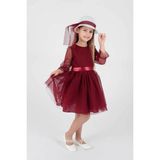 Kids Kız Çocuk Şapkalı Ve Tül Dantel Trend Abiye Elbise Ak2228 - Bordo - 2 Yaş