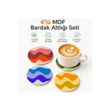 kids town 4'lü Renkli Dalga Desenli MDF Bardak Altlığı Seti – 3 mm UV Baskılı Modern Dekoratif Kahve ve Çay Altlığı