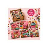 kids town 6'lı Candy Shop Bardak Altlığı Seti Ahşap Kutulu | Renkli Şeker Temalı 3 mm MDF UV Baskılı Kare Bardak Altlığı | WoodTown cndyy563