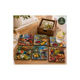 kids town 6'lı Mediterranean Picnic Bardak Altlığı Seti – Ahşap Kutulu, 3 mm MDF UV Baskılı Kare Kahve ve Çay Altlığı | WoodTown pcnk58