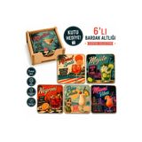 kids town 6'lı Vintage Cocktail Bardak Altlığı Seti Ahşap Kutulu | Retro Kokteyl Temalı 3 mm MDF UV Baskılı Kare Bardak Altlığı | WoodTown cockty523