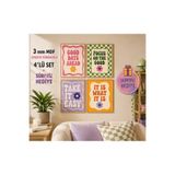 kids town Retro Renkli Motivasyon Temalı 4'lü MDF Çerçeve Görünümlü Duvar Tablosu Seti | 3 mm UV Baskılı Modern Dekoratif Tablo + Sürpriz Hediye
