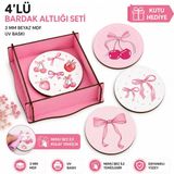 Kids Town Woodtown 4'lü Pembe Fiyonk & Kiraz Desenli Bardak Altlığı Seti – 3 mm Beyaz Mdf Uv Baskılı, Yuvarlak Dekoratif Bardak Altlığı, Pembe Ahşap Hediye Kutulu - 4 Adet