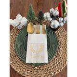 Kidspartim 12'li 40x40 cm Gold Yaldızlı Beyaz Cepli Aır Touch Happy New Year Geyik Boynuzu Peçete