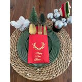 Kidspartim 12'li 40x40 cm Gold Yaldızlı Kırmızı Cepli Küçük Geyik Boynuzu Peçete