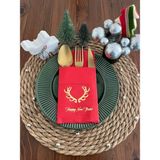 Kidspartim Gold Yaldızlı Kırmızı Cepli Aır Touch Happy New Year Geyik Boynuzu Peçete 12 Adet 40X40