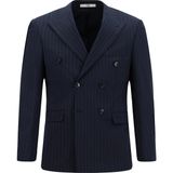 Kiğılı 7 Drop Slim Fit Dar Kesim Yünlü Çizgili Kruvaze Takım Elbise - 52 - Koyu Lacivert - Slim Fit Kalıp