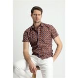 Kiğılı Kısa Kol Slim Fit Dar Kesim Baskılı Pamuk Gömlek
