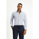Kiğılı Koyu Mavi Uzun Kol Slim Fit Klasik Yaka Pamuklu Kolay Ütülenebilir Desenli Gömlek