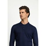 Kiğılı Polo Yaka Düğmeli Regular Fit Sıcak Tutan Yünlü Triko Kazak - Koyu Lacivert - 4XL