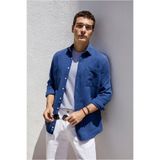 Kiğılı Uzun Kol Regular Fit Cepli Denim Görünümlü Lyocell Keten Karışımlı Gömlek