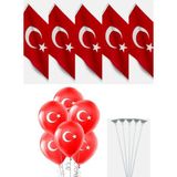 Kikajoy 5 Kumaş Bayrak - 5 Ay Yıldızlı Balon - 5 Balon Çubuğu - Kırmızı
