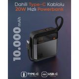 Kılıf House 10.000 Mah 20W Hızlı Şarjlı Çift Type-C Kendinden Kablolu LCD Göstergeli Mini Powerbank - Siyah
