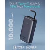 Kılıf House 10.000 Mah 35W Süper Hızlı Şarjlı Kendinden Type-C Kablolu LCD Powerbank Taşınabilir Şarj Cihazı - Siyah