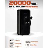Kılıf House 20.000 Mah Kendinden Kablolu Dijital Göstergeli Type-C Lightning Powerbank Taşınabilir Şarj Cihazı - Siyah