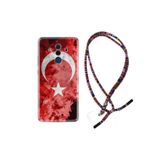 Kılıfland Huawei Mate 10 Pro ile Uyumlu Kılıf, Türk Bayrağı Desenli, Silikon, Rasta İpli Boyun Askılı, Kırmızı