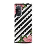 Kılıfland Huawei Nova 9 Se ile Uyumlu Silikon Kılıf, Çiçek Desenli, Siyah Beyaz Çizgili