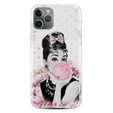 Kılıfland iPhone 14 Pro ile Uyumlu Silikon Kılıf, Resimli Desenli Baskılı, Pembe Çiçek ve Vintage Kadın Figürü, Yeşil Mermer