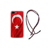 Kılıfland iPhone 7 Plus ve 8 Plus ile Uyumlu Silikon Kılıf, Türk Bayrağı Desenli, Rasta İpli Boyun Askılı, Kırmızı