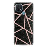 Kılıfland Oppo A15 A15s ile Uyumlu Silikon Kılıf, Mermer Desenli, Pembe Şeritli, Siyah