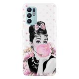 Kılıfland Oppo Reno 6 ile Uyumlu Resimli Desenli Baskılı Silikon Kılıf, Pembe Puantiyeli, Kadın Portresi