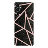 Kılıfland Pova 4 ile Uyumlu Telefon Kılıfı, Silikon, Mermer Desenli, Pembe Şeritli, Siyah
