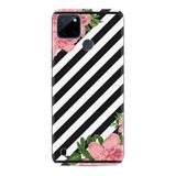 Kılıfland Realme C25Y ile Uyumlu Silikon Kılıf, Çiçek Desenli, Siyah Beyaz Çizgili, Pembe Çiçek