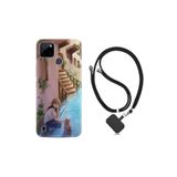 Kılıfland Realme C25Y ile Uyumlu Silikon Kılıf, İpli Boyun Askılı, Desenli, Kedi ve Kız Baskılı