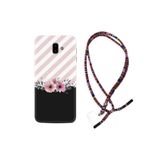 Kılıfland Samsung Galaxy J6 Plus ile Uyumlu Kılıf, Rasta Desenli, Boyun Askılı, Silikon, Pembe Çiçek