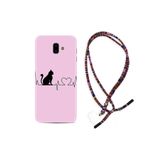 kilifland Samsung Galaxy J6 Plus ile Uyumlu Kılıf Rasta Ipli Boyun Askılı Desenli Silikon Pink Cat Heart 1303