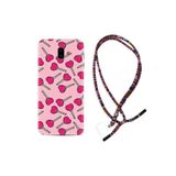 Kılıfland Samsung Galaxy J6 Plus ile Uyumlu Silikon Kılıf, Boyun Askılı, Heart Lollipop Desenli, Pembe