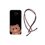 Kılıfland Samsung Galaxy J6 Plus ile Uyumlu Silikon Kılıf, Rasta İpli Boyun Askılı, Hello Bear Desenli, Siyah