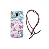 Kılıfland Samsung Galaxy J6 Plus Kılıf, Silikon, Unicorn Desenli, Rasta İpli Boyun Askılı, Çok Renkli