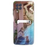 Kılıfland Samsung Galaxy M22 ile Uyumlu Kartvizitli Kartlıklı Desenli Silikon Kılıf, Kedi ve Kız Figürlü, Siyah