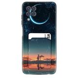 Kılıfland Samsung Galaxy M22 ile Uyumlu Kartvizitli Kartlıklı Silikon Kılıf, Ay ve Kız Desenli, Siyah