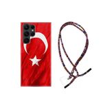 Kılıfland Samsung Galaxy S22 Ultra ile Uyumlu Silikon Kılıf, Rasta İpli Boyun Askılı, Türk Bayrağı Desenli, Kırmızı
