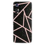 Kılıfland TCL 30 ile Uyumlu Telefon Kılıfı, Silikon, Geometrik Desenli, Pembe Şeritli, Siyah Mermer